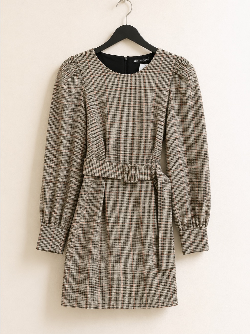 Zara Plaid Long-Sleeve Belted Mini Dress in Brown and Cream